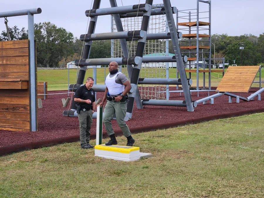 A participant performing the stair climb after completing a run.